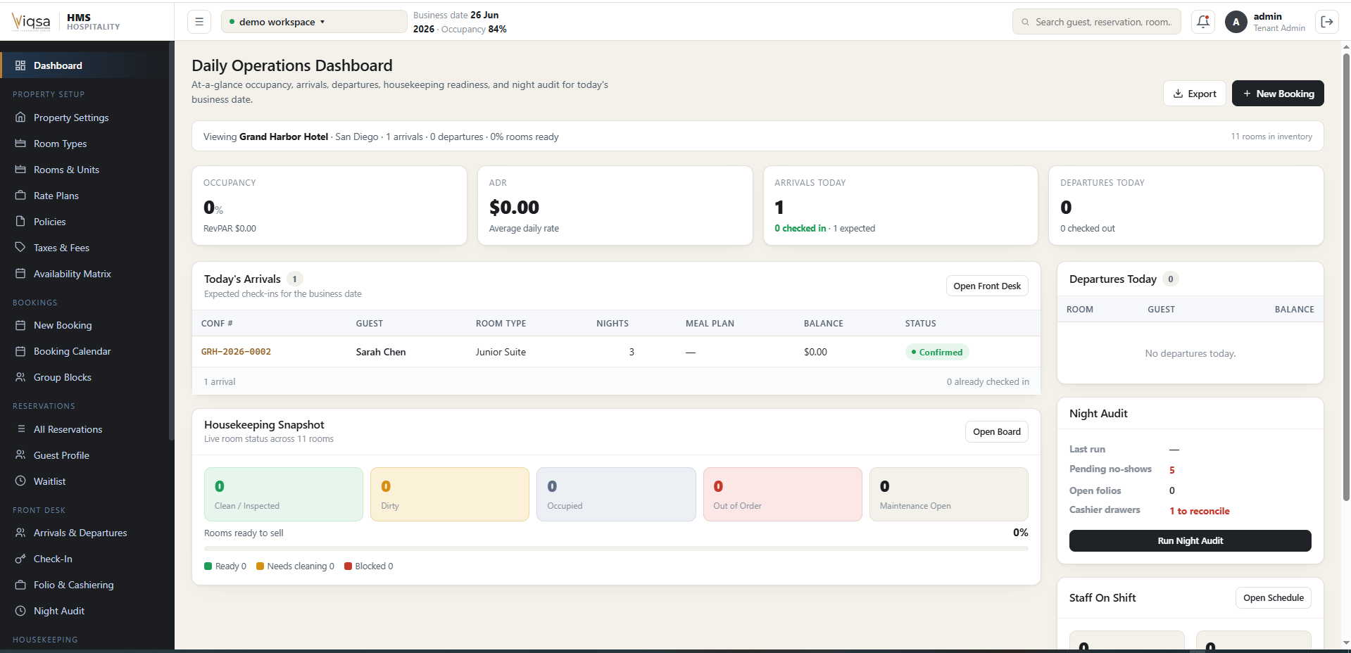 Hotel operations dashboard with occupancy, ADR, arrivals, and housekeeping snapshot