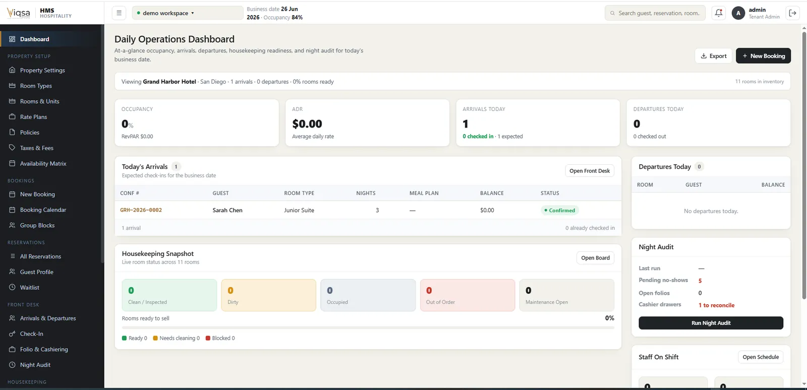 Hotel operations dashboard with occupancy, ADR, arrivals, and housekeeping snapshot