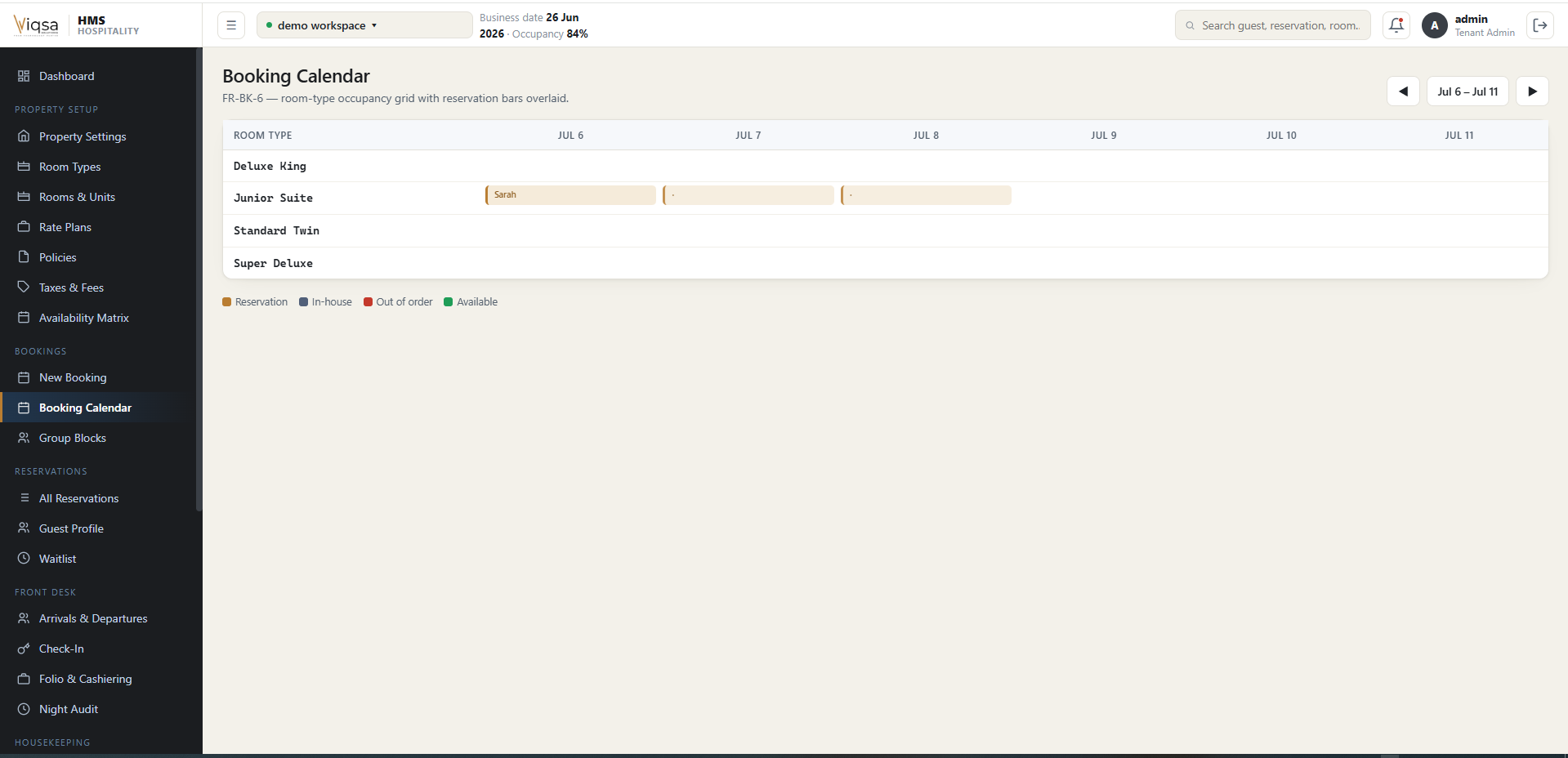 Hotel booking calendar with room-type occupancy grid and reservation bars