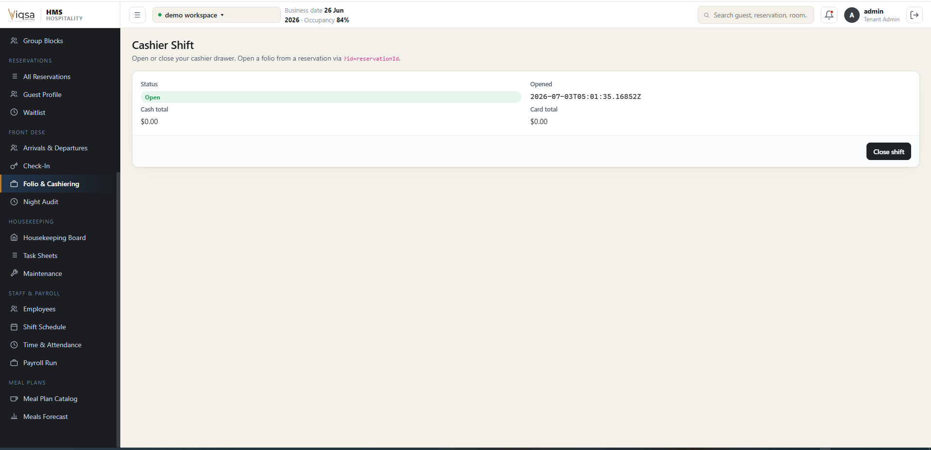 Hotel folio and cashier shift management screen