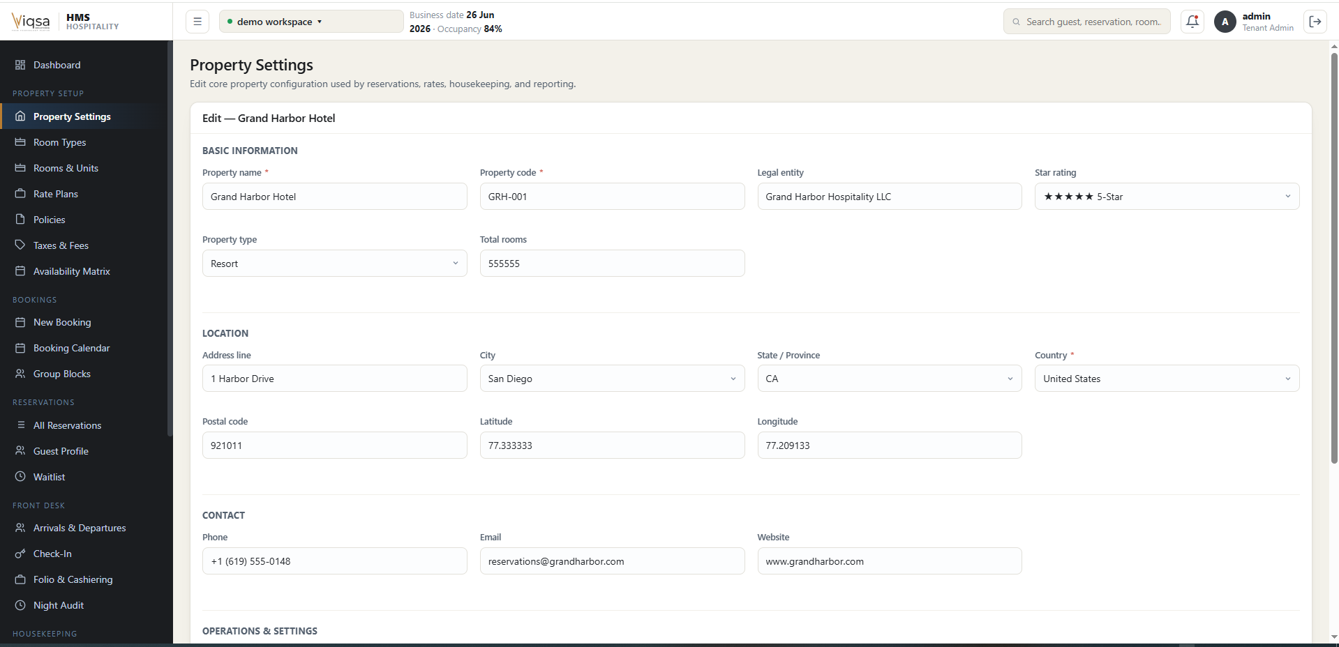 Hotel property settings form with location and contact details
