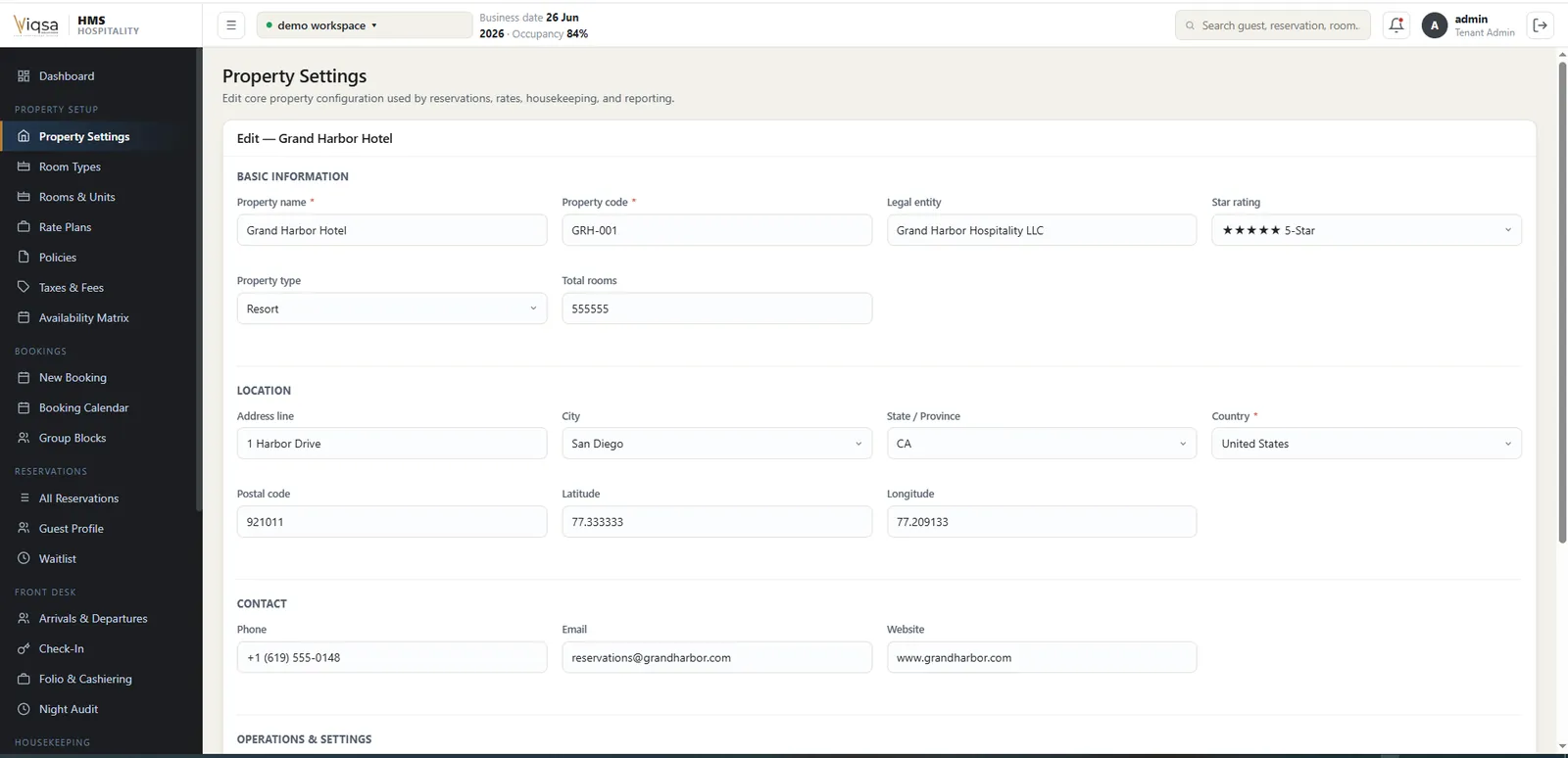 Hotel property settings form with location and contact details