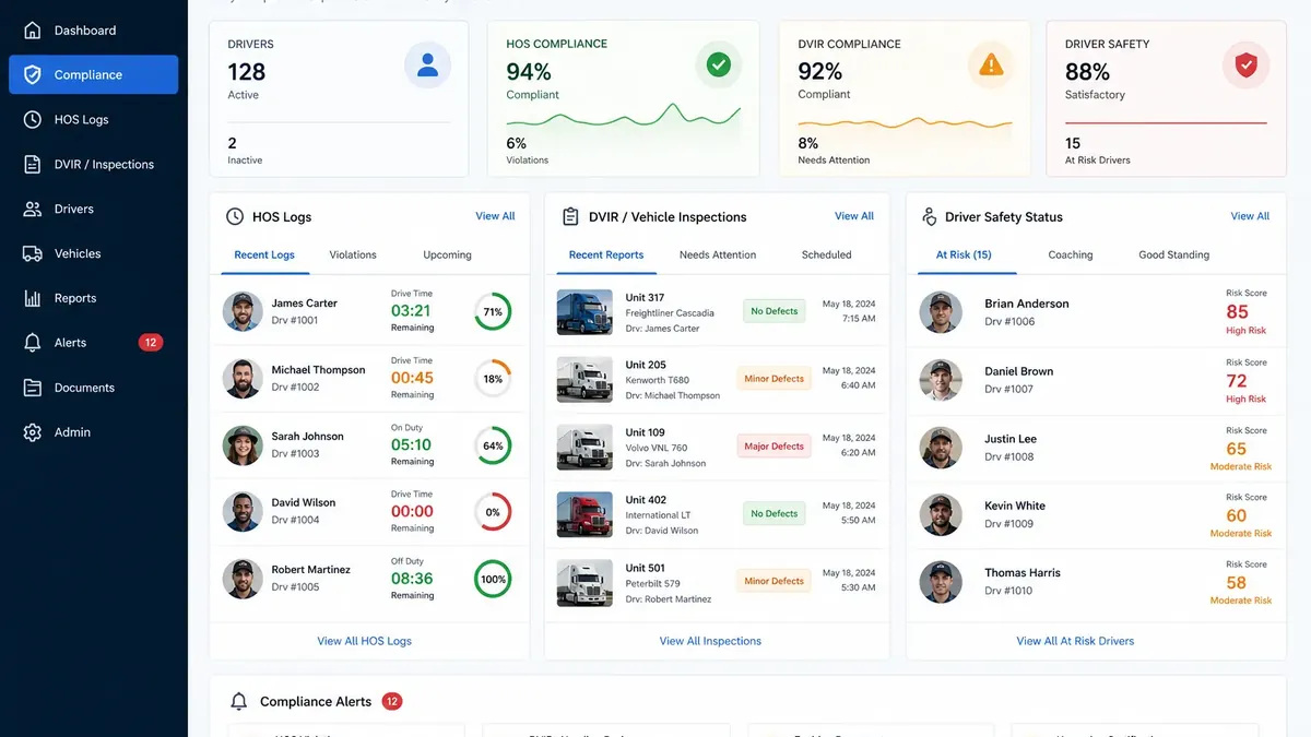 Fleet compliance dashboard showing driver hours, inspections and safety records
