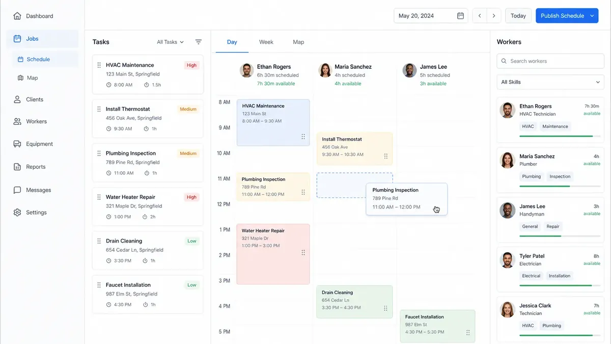Job assignment screen showing scheduled field service jobs and assigned workers