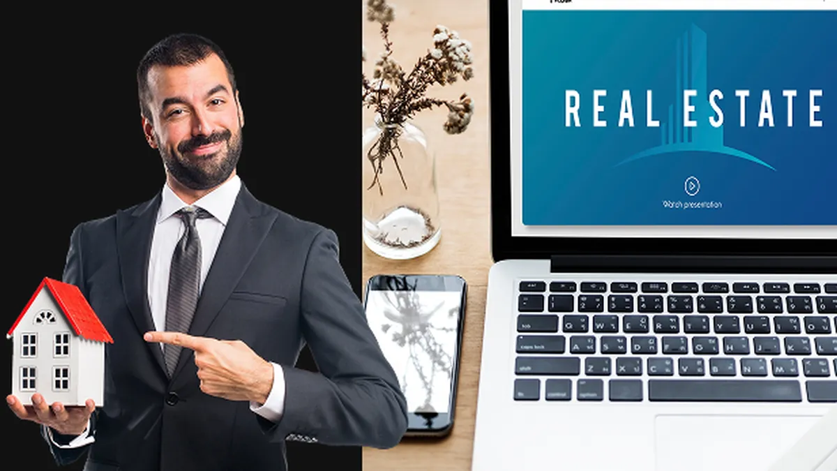 Real estate investor holding a model house in front of a laptop showing property listings