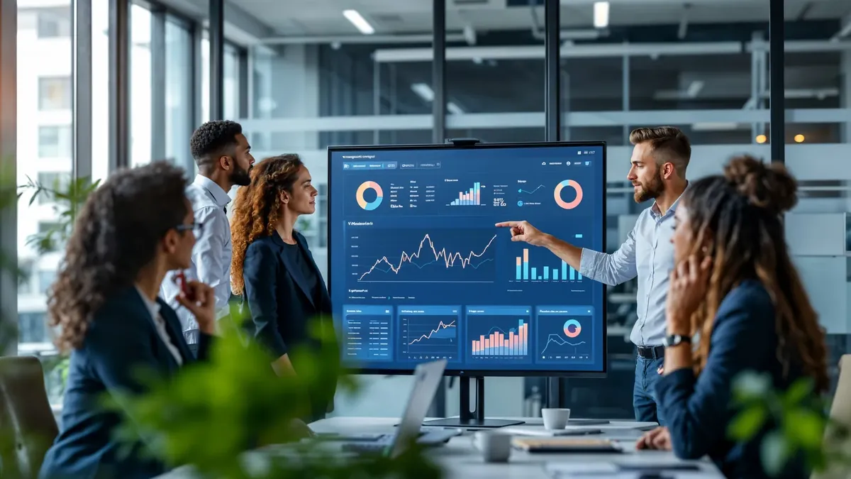 Product team reviewing a SaaS dashboard together during a planning session