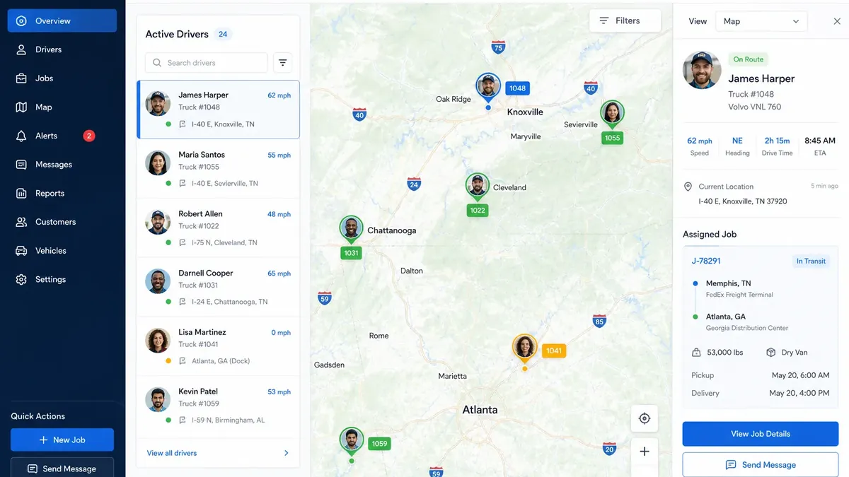 Truck dispatch dashboard showing loads, drivers and routes on a map